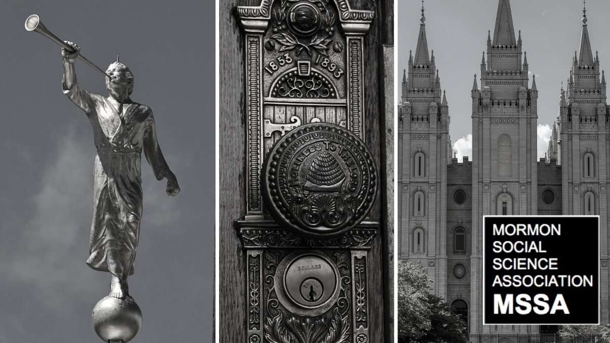 Angel Moroni statue; engraved doorknob, Salt Lake City Mormon temple